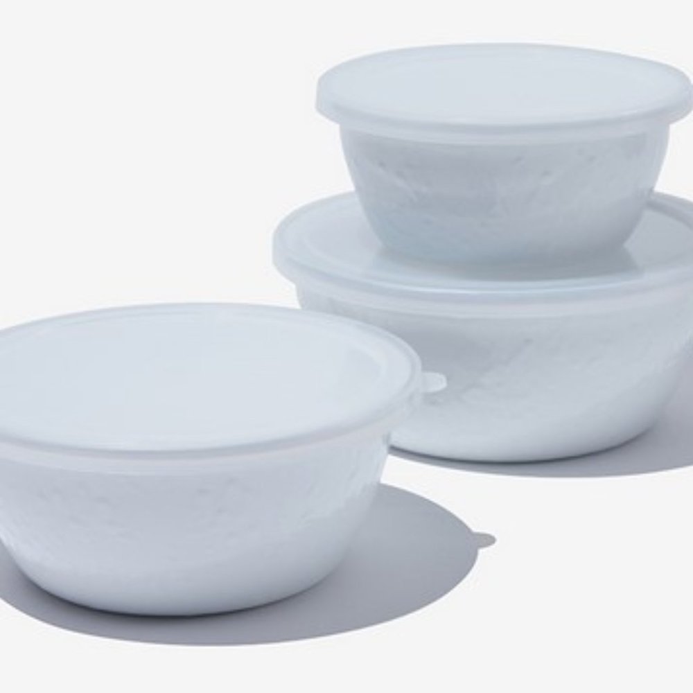 Golden Rabbit Enamelware Bowl Food Storage Container Set w Lid 3 Piece White